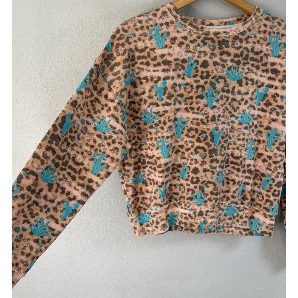 NWOT Rock & Roll Denim Womens Leopard Cactus Sweatshirt M Western Boho Pullover - Picture 3 of 8